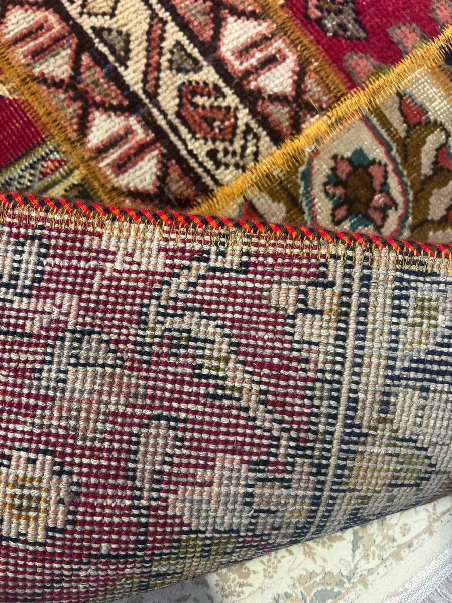 Tapis Persan Vintage Patchwork Noué à la Main Rouge & Noir